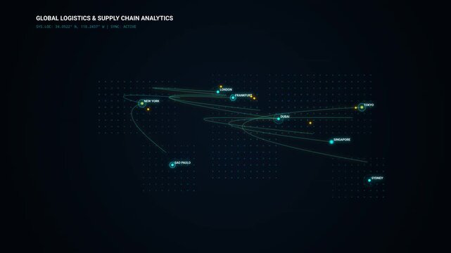 Motion Render of Global Logistics and Supply Chain Analytics HUD with World Map and City Data Points
