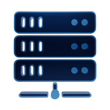 Blue server rack icon with a central connection node, representing data storage, cloud computing, and network infrastructure on a dark background isolated on a transparent background