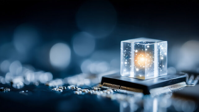 A transparent network cube on a microchip represents quantum computing and advanced data processing technology.
