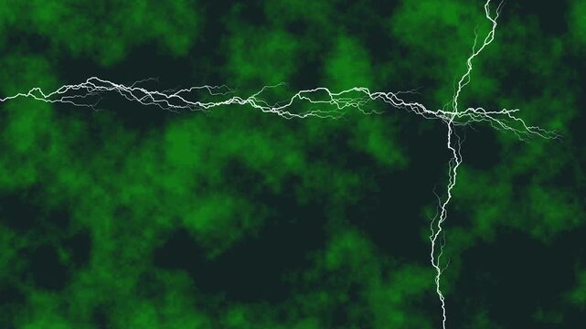 Abstract animated electrical discharges pulsing and branching across a textured dark green nebula. This energetic visual depicts powerful lightning phenomena in space or a stormy atmosphere.