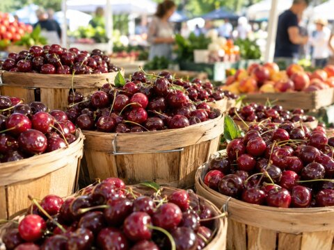 Frische Kirschen in K&ouml;rben auf dem Wochenmarkt &ndash; Reife rote S&uuml;&szlig;kirschen werden am Marktstand als regionales saisonales Obst direkt vom Erzeuger zum Verkauf angeboten.