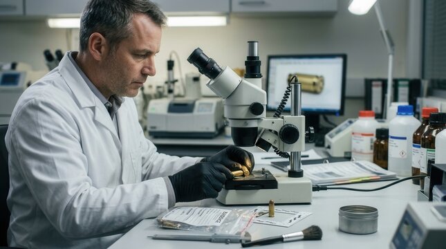 Forensic Scientist Examines Ammunition Under Microscope In Laboratory
