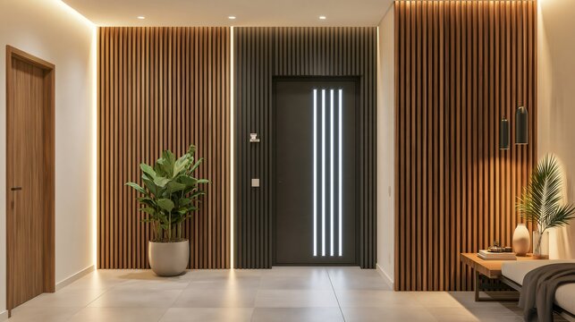 Modern home entryway with wooden slat wall design