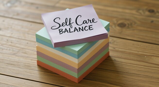 Pastel colored sticky notes stacked on a wooden desk, featuring Self Care BALANCE for mental health and work-life balance.