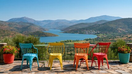 Obraz premium Colorful chairs overlooking lake kournas and mountain landscape