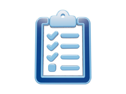 3D rendered blue clipboard icon with checkmarks and horizontal lines for task management and project planning isolated on a transparent background