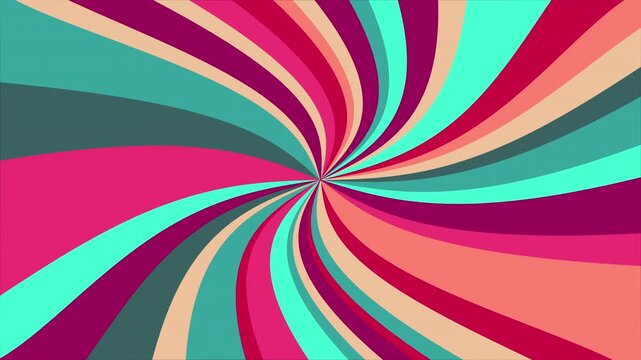 Candy Colored Twisted Spiral Animation Featuring Continuous Rotating Center Rays for Pop Art Visuals, 70s Retro Themes, Hypnotic Video Backdrops, and Motion Graphic Overlays