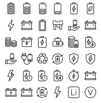 Battery and energy line icons set, 36 power supply and charging symbols, minimalist electric battery vector collection for mobile apps and UI design