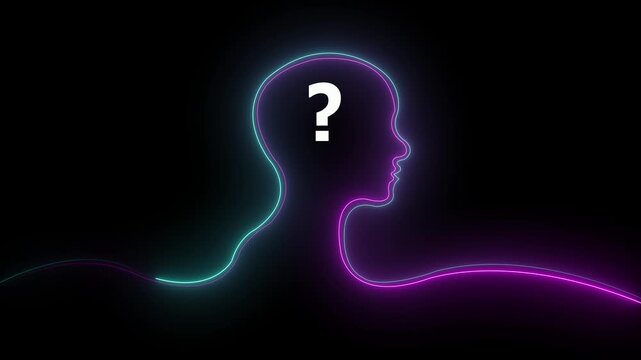 Glowing neon line Human head with question mark icon on black background. Neon glowing question mark with man head icon. Neon Exclamation Mark icon. 4k video.