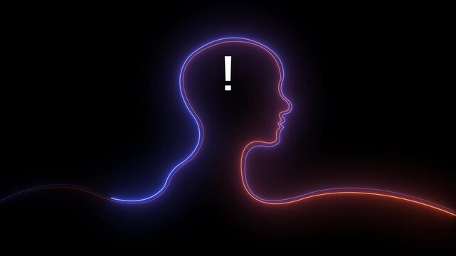Glowing neon line Human head with question mark icon on black background. Neon glowing question mark with man head icon. Neon Exclamation Mark icon. 4k video.