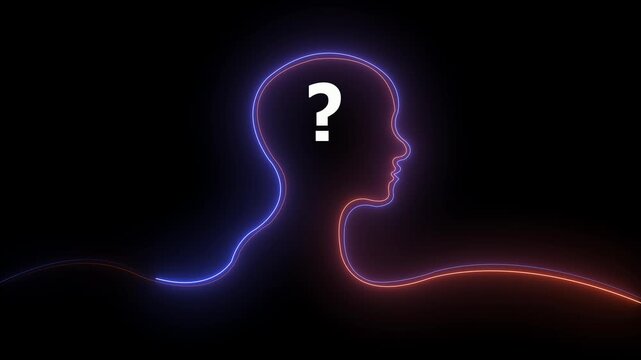Glowing neon line Human head with question mark icon on black background. Neon glowing question mark with man head icon. Neon Exclamation Mark icon. 4k video.