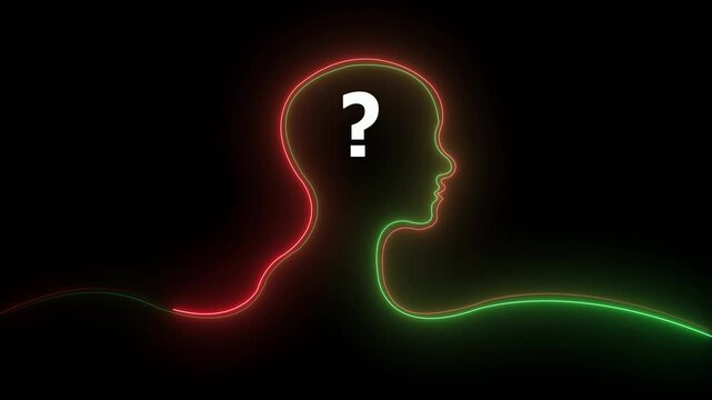 Glowing neon line Human head with question mark icon on black background. Neon glowing question mark with man head icon. Neon Exclamation Mark icon. 4k video.