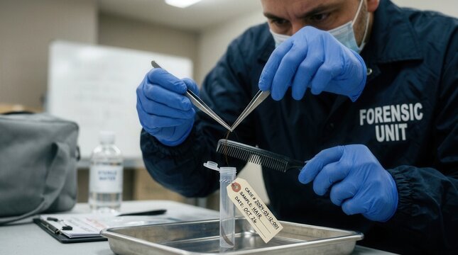 Forensic Scientist Collecting Hair Evidence With Tweezers At Crime Scene