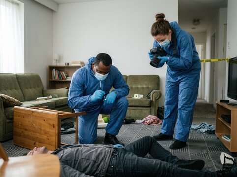 Forensic Investigators Examine Crime Scene Within Residential Living Room