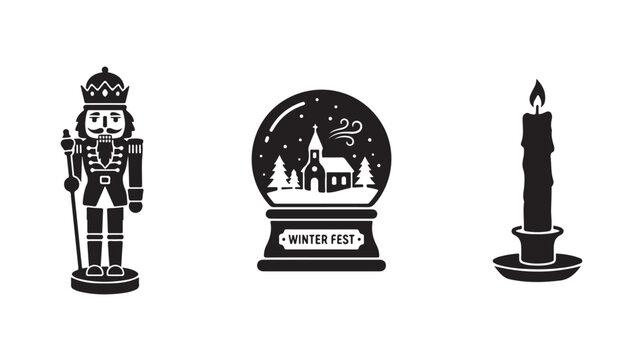 Christmas icons set vector silhouette nutcracker snow globe candle art