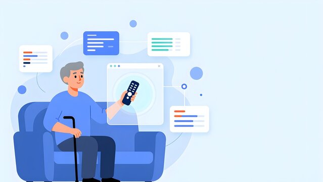 Elderly Caucasian man sitting on a sofa holding a remote control flat vector illustration