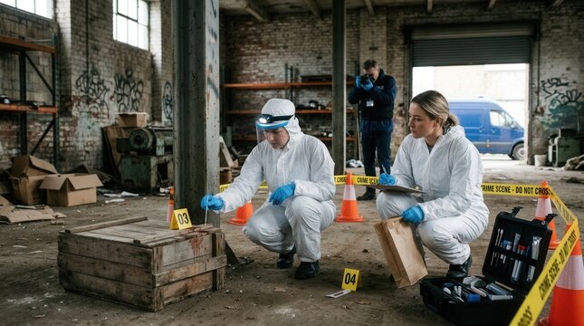 Forensic Investigators Examining Evidence At A Grimy Warehouse Crime Scene