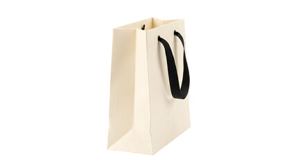 Small beige paper shopping bag with black handles standing upright © Mustafa Stock