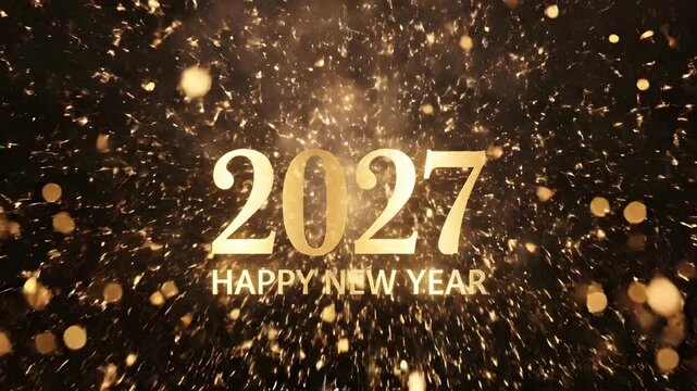 2027 Happy New Year golden text revealing from a central particle explosion with soft floating bokeh lights for social media story templates