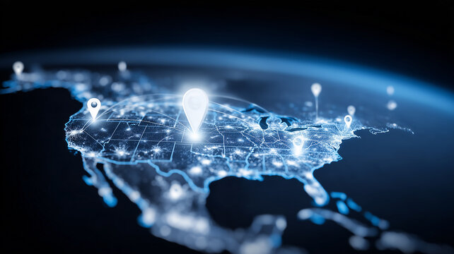 A digital map of the United States with location pins represents geolocation tracking route planning and nationwide network connectivity.
