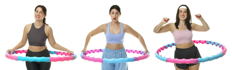 Happy woman with hula hoop on white background. Collection of portraits on white background © New Africa
