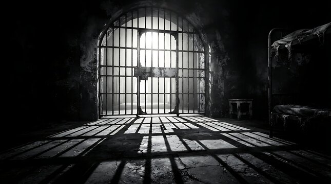 Dark prison cell with iron bars and bright light shining through the gate