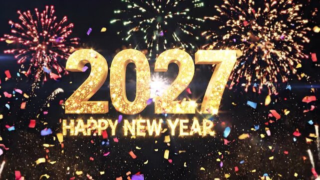 2027 HAPPY NEW YEAR glowing gold text flanked by pyrotechnic spark fountains, bursting fireworks, and falling confetti, for festival celebration displays