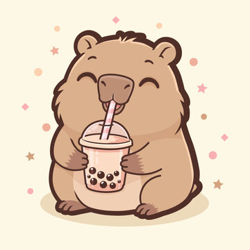 Cute Capybara Drinking Bubble Tea Boba Mascot Illustration