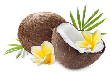 Coconuts, plumeria flowers and green palm leaves isolated on white © New Africa