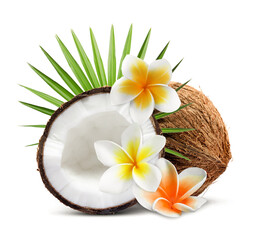 Fresh coconuts, plumeria flowers and palm leaf isolated on white © New Africa