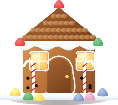 Festive Christmas gingerbread house vector illustration decorated with sweet candy canes and colorful gumdrops covered in white winter snow icing