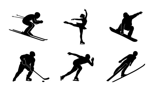 Winter Sports Silhouettes: Skiing, Skating, Snowboarding, Hockey, Speed Skating, Ski Jumping Icons