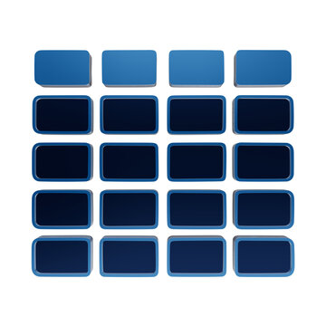 A 3D blue grid icon consisting of a four by four matrix of rectangular boxes, rendered with a glossy finish and soft shadows on a white background, isolated isolated on a transparent background