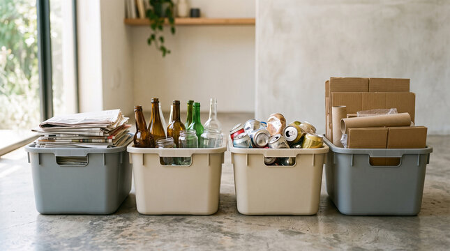 sorted recyclable materials in plastic bins for waste management