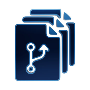 Blue glossy icon representing a file branch or version control system, featuring a document stack symbol with a split path arrow, isolated on a white background isolated on a transparent background