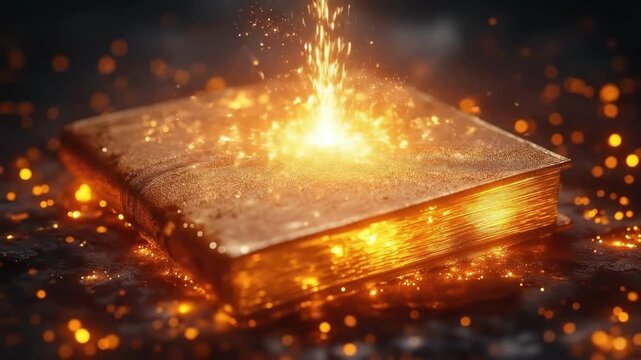 Enchanted golden book surrounded by mystical sparks in dim light. The concept of mysticism, rituals, astrology, fortune-telling, shamanism, tarot, seers, clairvoyants