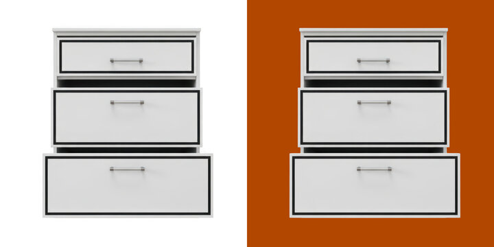 Modern white wooden bedside nightstand with three storage drawers for home furniture transparent png