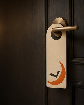 Halloween door hanger tag with moon and bat illustration halloween decoration door sign crescent moon trick or treat wooden door handle hanging sign door knob dark door room sign