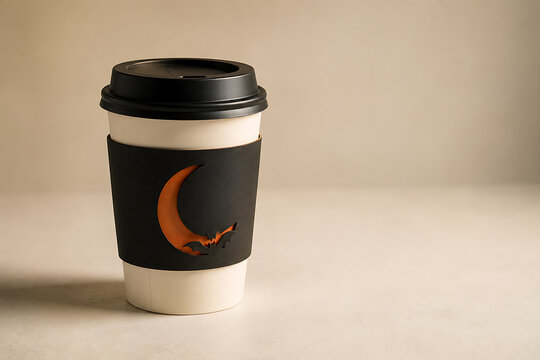 Disposable paper coffee cup with black sleeve and moon illustration takeaway coffee crescent moon icon hot drink coffee halloween graphic design coffee shop beverage container