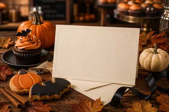 Blank card on autumn table with halloween cupcakes and pumpkins halloween decor autumn leaves party invite trick or treat flat lay chocolate cupcake orange frosting wood table autumn vibes