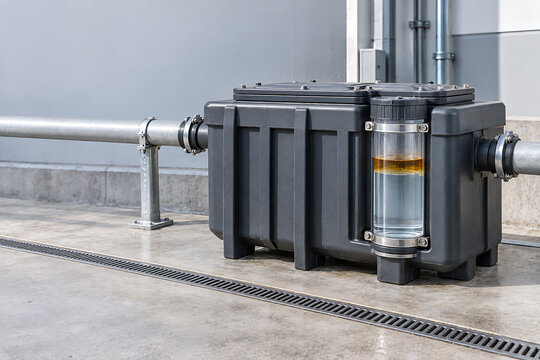 Industrial grease interceptor unit connected to factory floor pipes with sewage treatment industrial plumbing waste water factory drainage grease trap wastewater treatment plumbing system