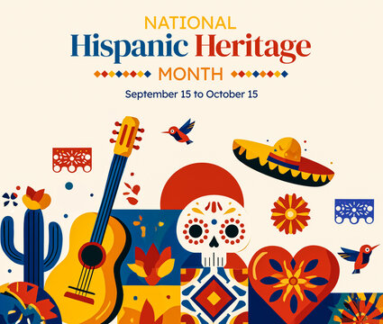 National Hispanic Heritage Month banner design with guitar cactus skull flowers and colorful festive background illustration, generative ai