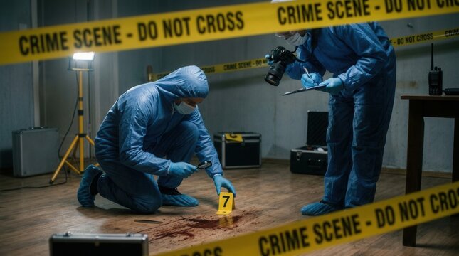 Forensic Investigators Documenting Evidence At A Crime Scene With Blood Stains