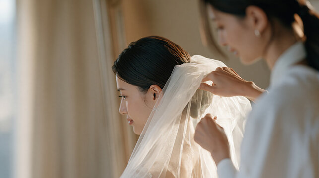 Wedding organizer helping a nervous bride with a final veil adjustment in a dressing suite mirror moments before ceremony, speaking reassuringly while smoothing fabric and