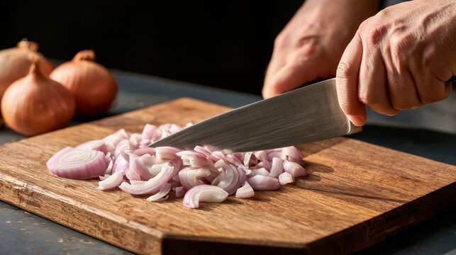 Extreme close-up of a chef's knife brunoise-cutting aromatic shallots on a seasoned wooden board, shallow depth pulling focus to the blade's precision edge and the translucent