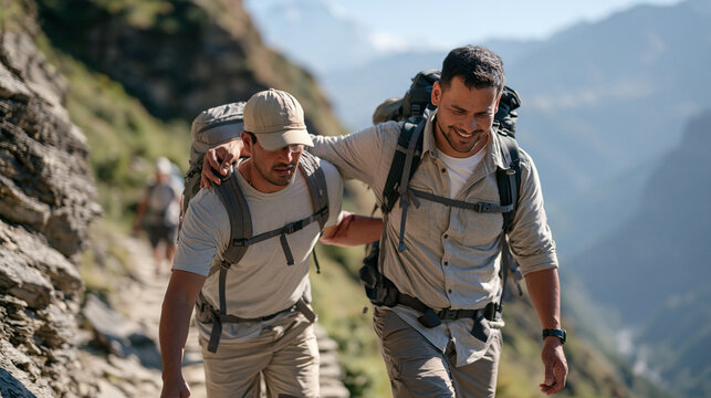 A Nepali mountain guide accompanies an injured trekker downhill on a narrow mountain path, one arm steadying the limping hiker, depicting wilderness first aid, remote trekking