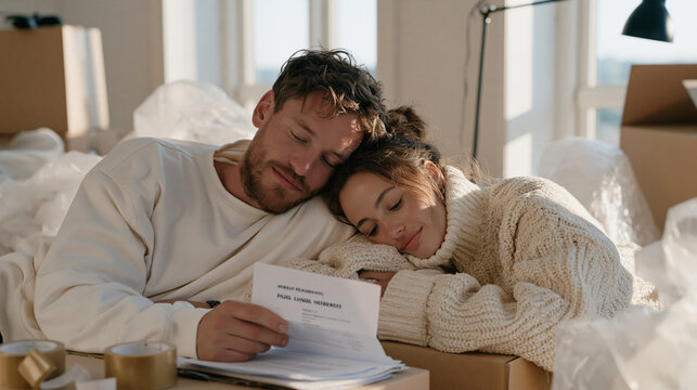 Exhausted Norwegian couple collapsed on moving boxes in empty apartment living room, surrounded by packing tape and bubble wrap, signing final ownership papers with relief and