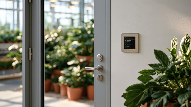 Smart greenhouse door with access control vision sensor performing plant health biometric scan for disease detection, botanical research facility, agricultural biosecurity