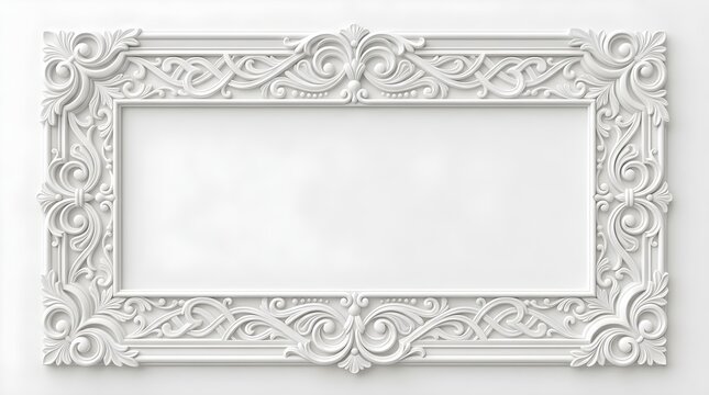 Empty white ornate vintage picture frame on a plain white background