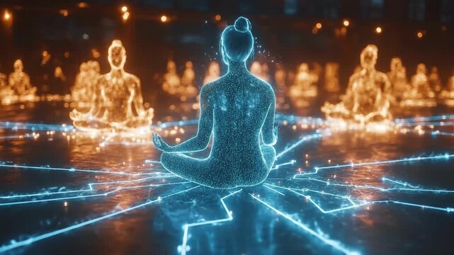 Young woman meditating among glowing light figures in mystical setting. The concept of mysticism, rituals, astrology, fortune-telling, shamanism, tarot, seers, clairvoyants